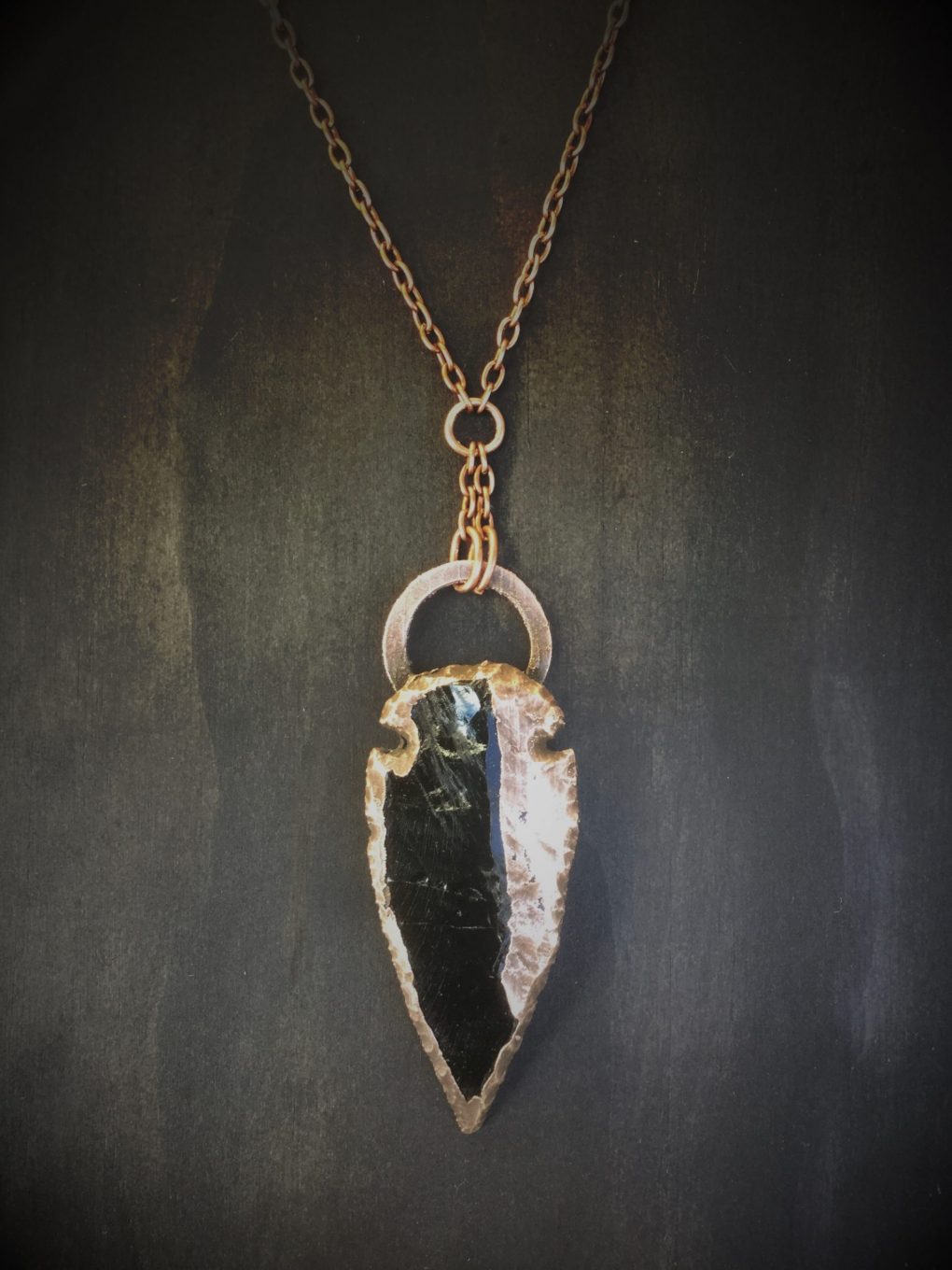 Large Obsidian Dragon Glass Speardhead Neckpiece with Copper