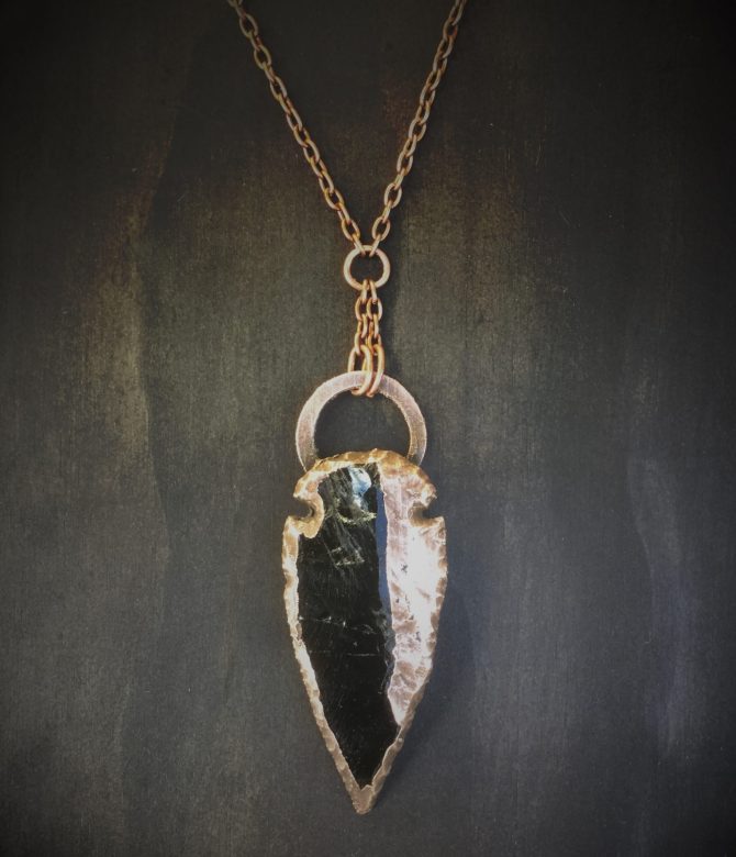 Large Obsidian Dragon Glass Speardhead Neckpiece with Copper